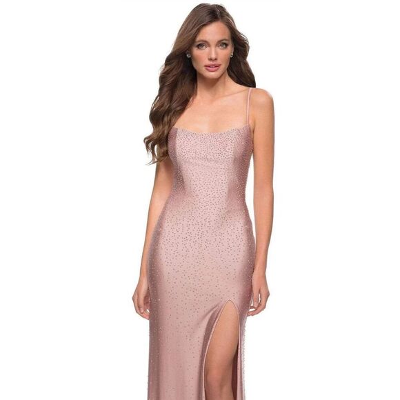 La Femme - 29899 Rhinestone Studded High Slit Dress in Mauve NWOT Size 12 - Picture 3 of 6